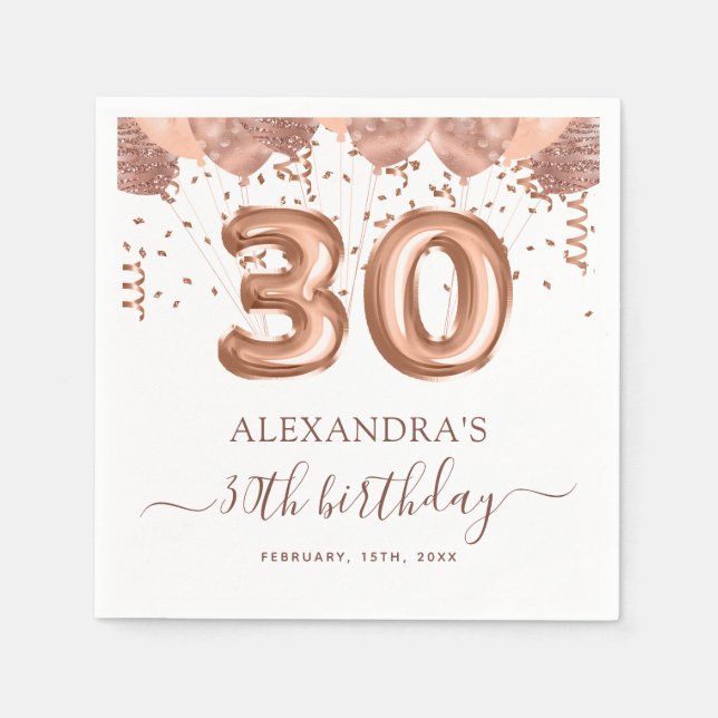 Rose Gold Balloons 30th Birthday Party Napkin (Front)