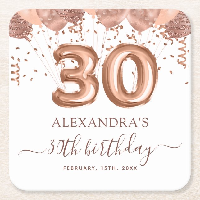 Rose Gold Balloons 30th Birthday Party Square Paper Coaster (Front)
