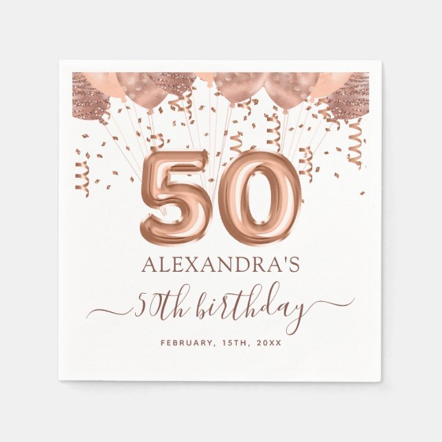 Rose Gold Balloons 50th Birthday Party Napkin (Front)