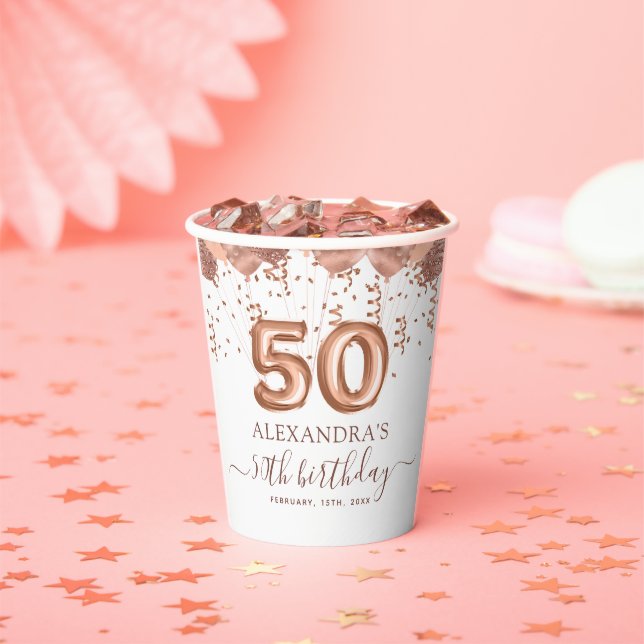 Rose Gold Balloons 50th Birthday Party Paper Cups (Insitu)