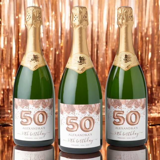 Rose Gold Balloons 50th Birthday Party Sparkling Wine Label (Creator Uploaded)