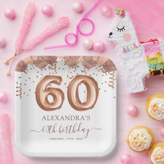 Rose Gold Balloons 60th Birthday Party Paper Plate (Party)