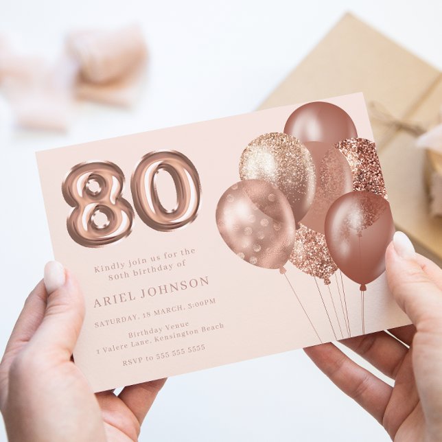 Rose Gold Balloons 80th Birthday Party Invitation (Creator Uploaded)