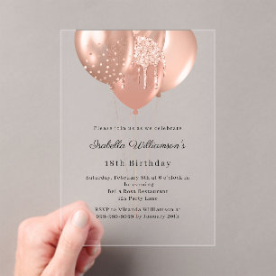 Rose gold balloons clear luxury birthday acrylic invitations