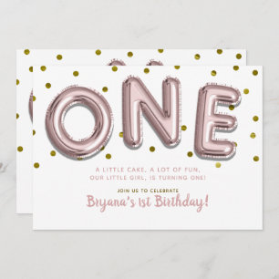 Rose Gold Balloons Confetti ONE 1st Birthday Party Invitation