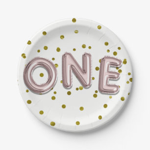 Rose Gold Balloons Confetti ONE 1st Birthday Party Paper Plate