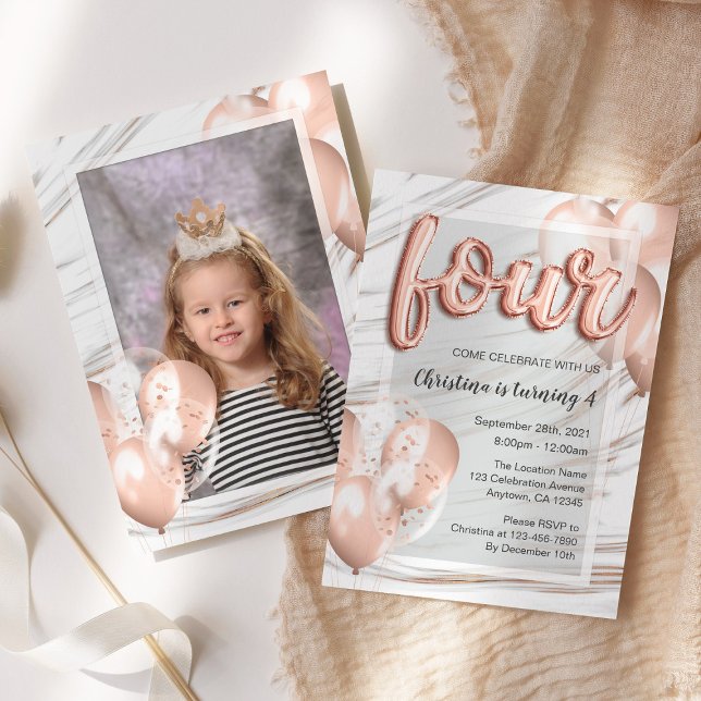 Rose Gold Balloons Marble Girls 4th Birthday Photo Invitation (Creator Uploaded)