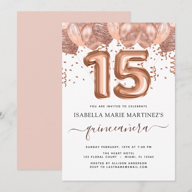 Rose Gold Balloons Quinceañera Celebration Invitation (Front/Back)