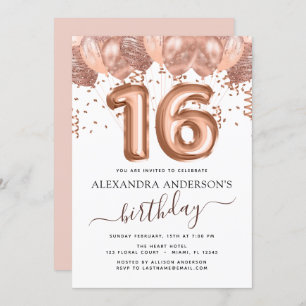 Rose Gold Balloons Sweet 16 Birthday Invitation
