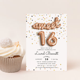 Rose Gold Balloons Sweet 16 Party Invitation