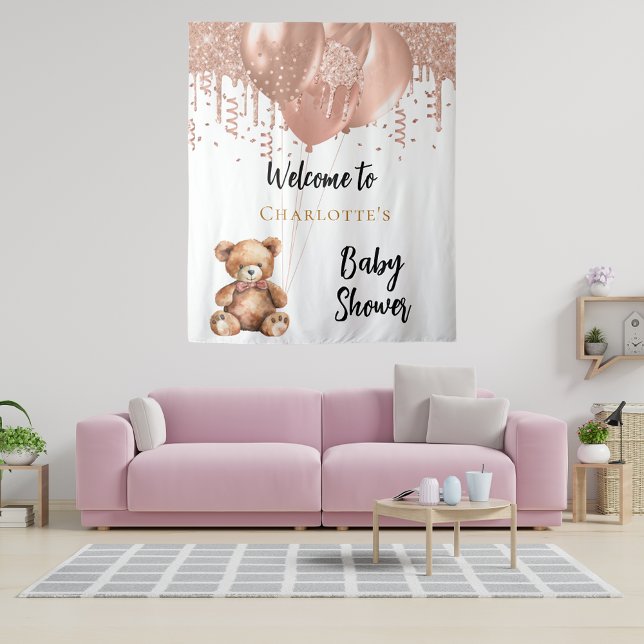 Rose gold balloons teddy bear baby shower welcome tapestry (Creator Uploaded)