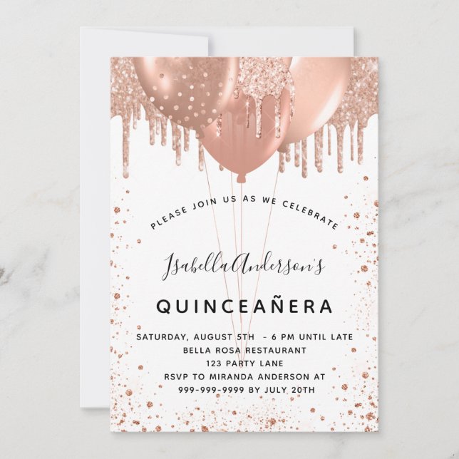 Rose gold balloons white Quinceanera Invitation (Front)