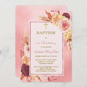 Rose Gold Baptism and First Birthday Invitation
