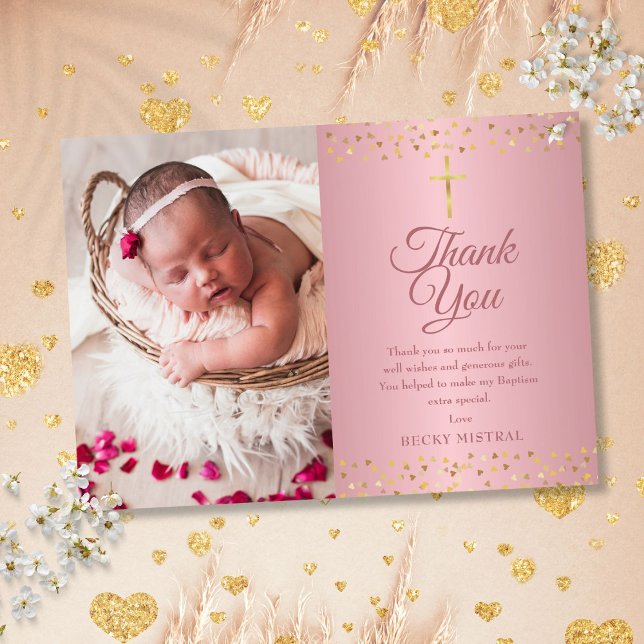Rose Gold Baptism Christening Hearts Photo Thank You Card (Rose Gold Baptism Christening Hearts Photo Thank You Card)