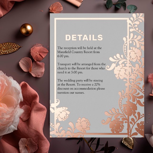 Rose Gold Beauty Modern Elegance Wedding Details  Foil Invitation Postcard (Rose Gold Beauty Modern Elegance Wedding Details Foil Invitation Postcard by the Elegant Wedding)