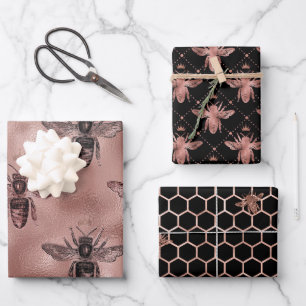 Rose Gold Bee Pattern Wrapping Paper Sheet