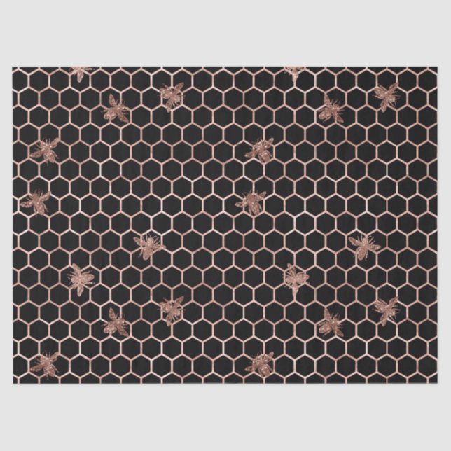 Rose Gold Bees and Honeycomb on Black Decoupage Tissue Paper (Front)