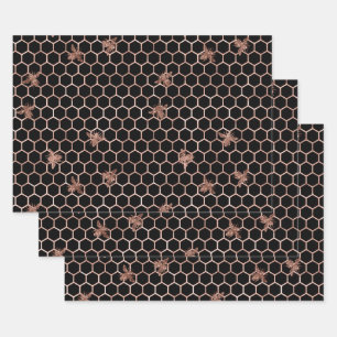 Rose Gold Bees and Honeycomb on Black Wrapping Paper Sheet