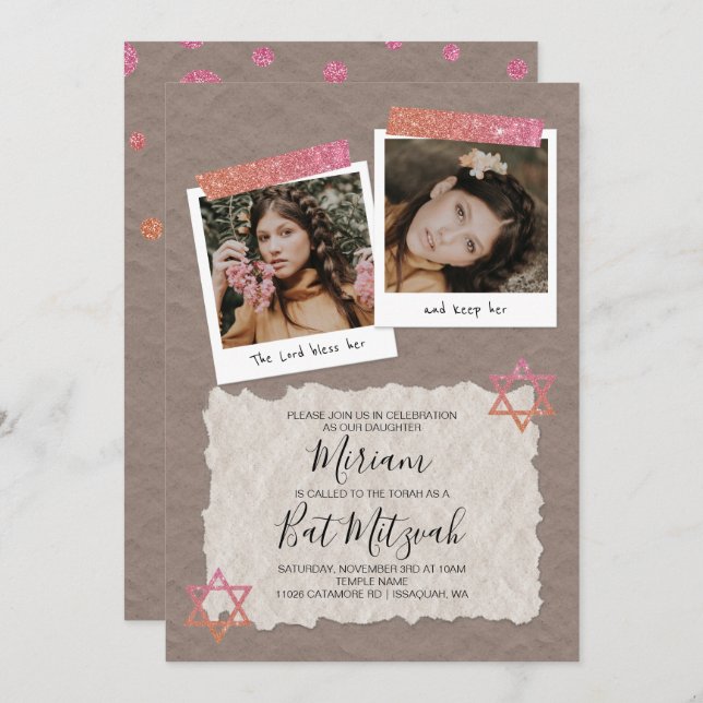 Rose Gold, Beige Scrapbook Bat Mitzvah Invite (Front/Back)
