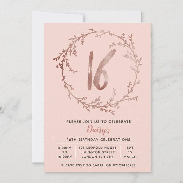 Rose Gold Birthday Girls 16th birthday invitation (Front)
