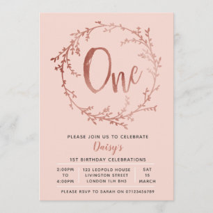 Rose Gold Birthday Girls 1st birthday invitation
