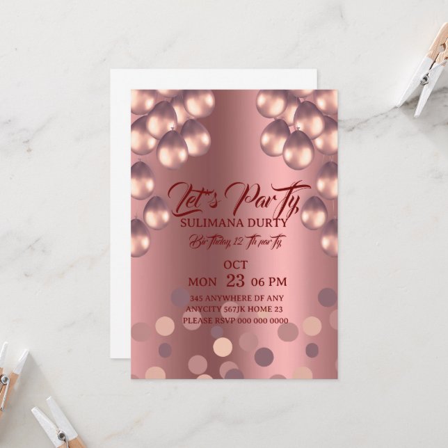 Rose Gold Birthday Invitation Template: Let's Part (Front/Back In Situ)
