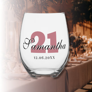 Rose Gold Birthday Number | Black 3D Name Date Stemless Wine Glass