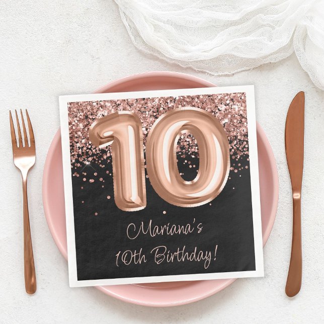  Rose Gold Black 10th Birthday Party Napkin (Creator Uploaded)