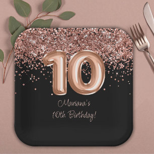 Rose Gold Black 10th Birthday Party Paper Plate