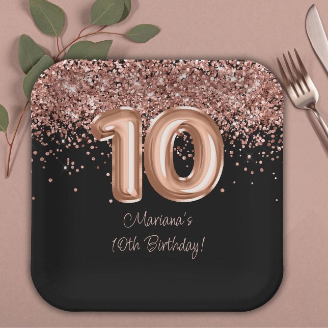  Rose Gold Black 10th Birthday Party Paper Plate (Creator Uploaded)
