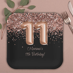 Rose Gold Black 11th Birthday Party Paper Plate