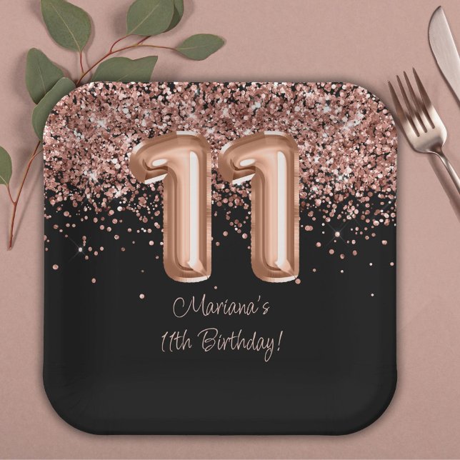  Rose Gold Black 11th Birthday Party Paper Plate (Creator Uploaded)