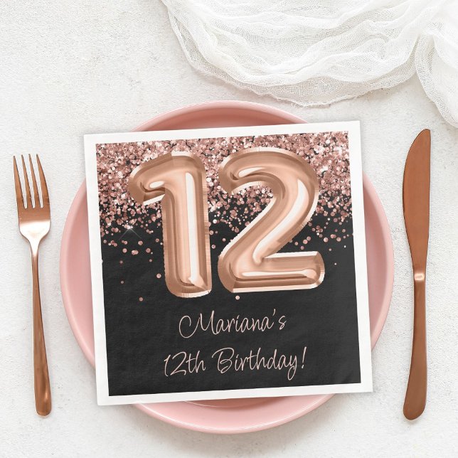  Rose Gold Black 12th Birthday Party Napkin (Creator Uploaded)