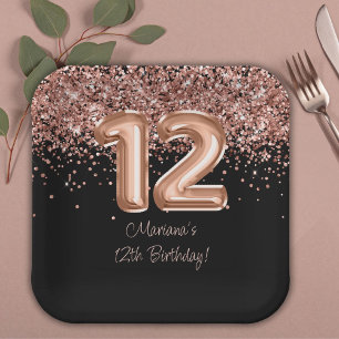 Rose Gold Black 12th Birthday Party Paper Plate