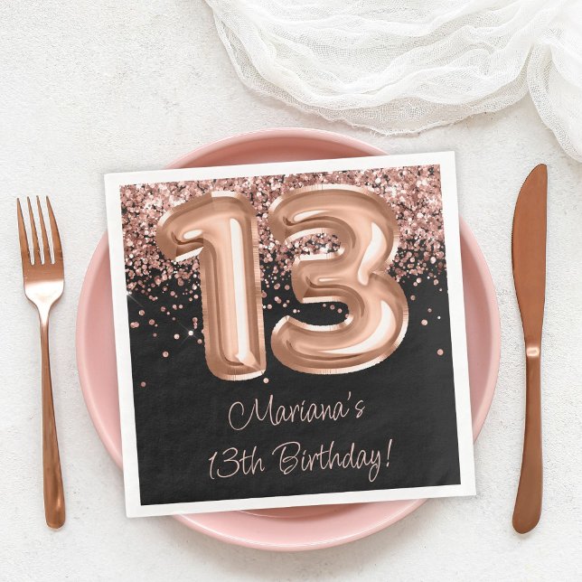  Rose Gold Black 13th Birthday Party Napkin (Creator Uploaded)