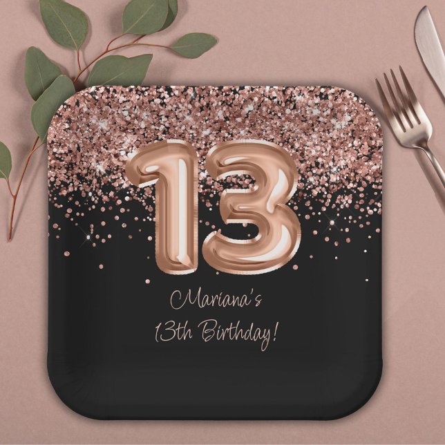 Rose Gold Black 13th Birthday Party Paper Plate (Creator Uploaded)