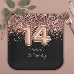 Rose Gold Black 14th Birthday Party Paper Plate