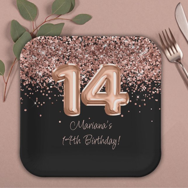 Rose Gold Black 14th Birthday Party Paper Plate (Creator Uploaded)