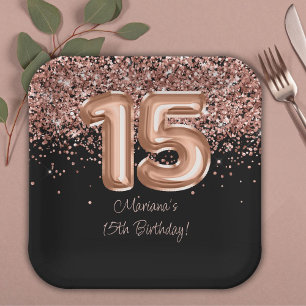 Rose Gold Black 15th Birthday Party Paper Plate