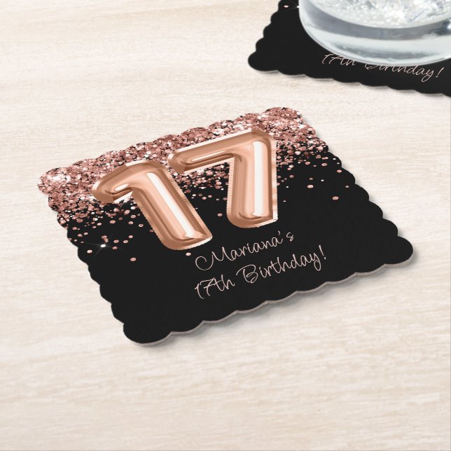  Rose Gold Black 17th Birthday Party Paper Coaster (Angled)