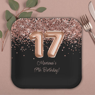 Rose Gold Black 17th Birthday Party Paper Plate