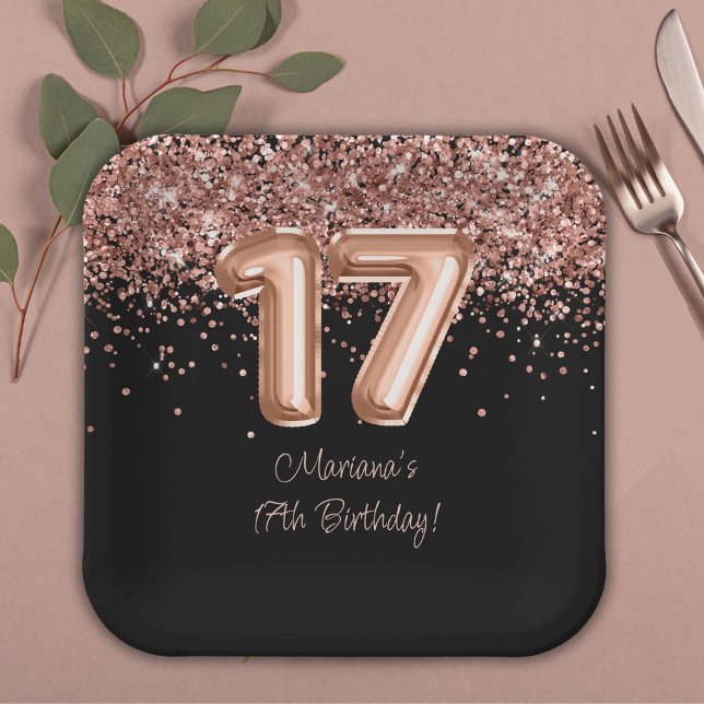 Rose Gold Black 17th Birthday Party Paper Plate (Creator Uploaded)