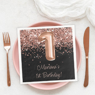  Rose Gold Black 1st Birthday Party Napkin