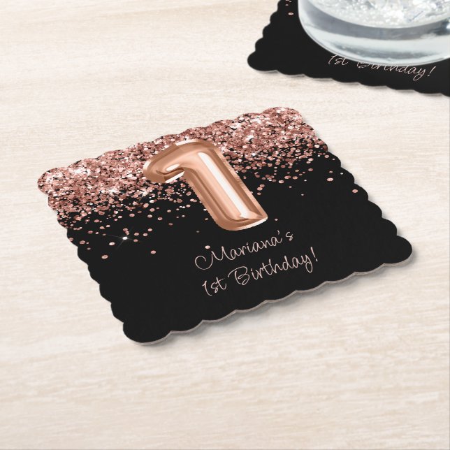  Rose Gold Black 1st Birthday Party Paper Coaster (Angled)