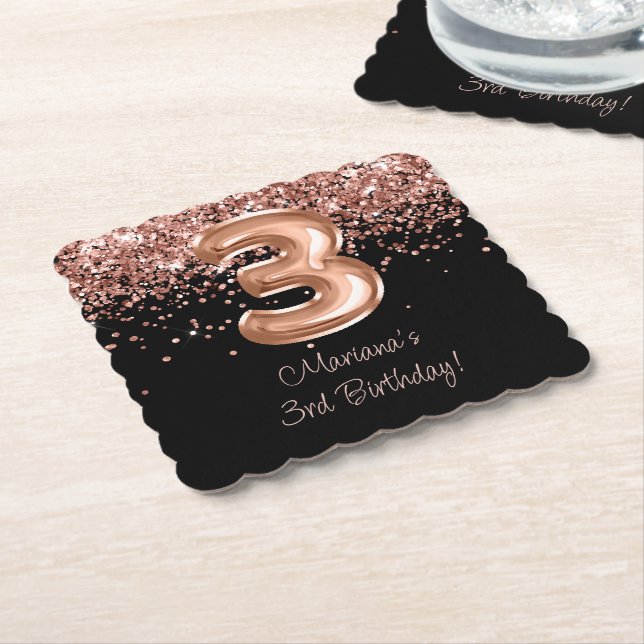  Rose Gold Black 3rd Birthday Party Paper Coaster (Angled)