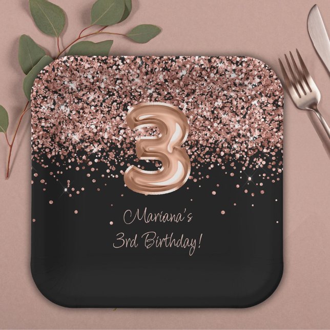  Rose Gold Black 3rd Birthday Party Paper Plate (Creator Uploaded)
