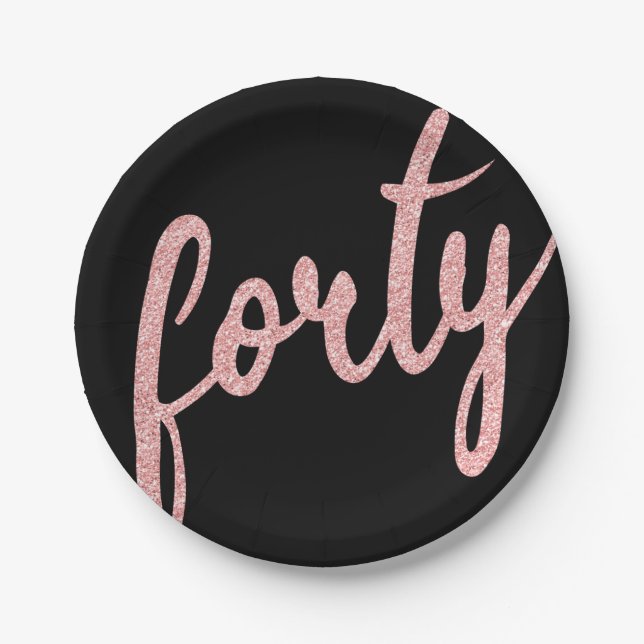 Rose Gold Black 40 Birthday Party Glitter "Forty" Paper Plate (Front)