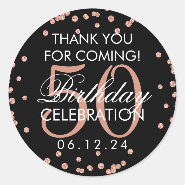 Rose Gold Black 50th Birthday Thank You Confetti Classic Round Sticker (Front)