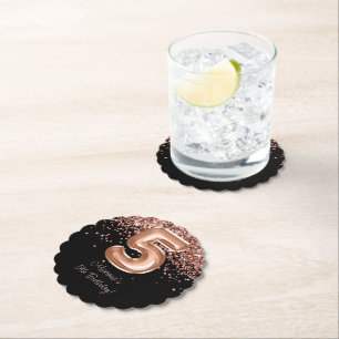 Rose Gold Black 5th Birthday Party Paper Coaster