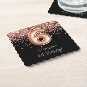Rose Gold Black 6th Birthday Party Paper Coaster